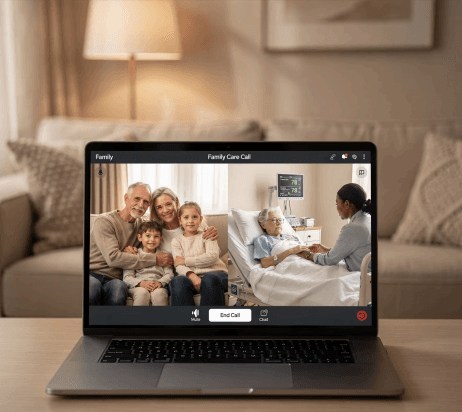 Laptop displaying family video call and healthcare dashboard